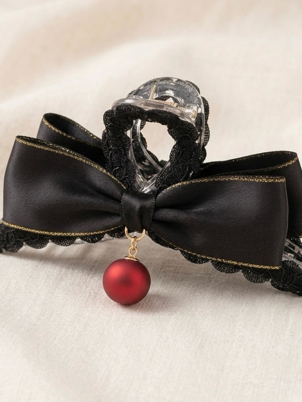 Handmade in Texas Elegant Black Ribbon Bow Hair Clip with Red Charm